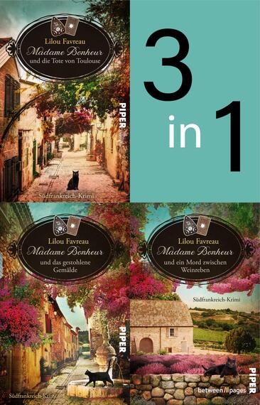 Das Buchcover zeigt eine Collage von drei Buchcovern der Madame-Bonheur-Reihe von Lilou Favreau, die in warmen Farbtönen gestaltet sind. Jedes Cover präsentiert eine malerische französische Szenerie: ein gewundener Weg mit einem schwarzen Kater, ein bunt blühendes Erscheinungsbild und ein ländliches Haus in Weinreben. In der oberen rechten Ecke steht in großen, weißen Ziffern „3 in 1“. Die Titel sind in eleganter, geschwungener Schrift in einem ovalen Rahmen platziert.
