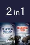 Das Buchcover zeigt oben auf dunkelblauem Grund die große weiße Schrift „2 in 1“. Darunter zwei nebeneinander platzierte Titelmotive von Hanjo Ulbrecht: links ein windgepeitschtes Herrenhaus auf steilen Klippen, stürzende Wellen und Möwen, Titel „BRANDUNGSRAUSCHEN“ in kräftigem Blau; rechts felsige Küste mit tosender See, einem Boot und Möwen, Titel „BRANDUNGSTOBEN“ in Rot. Stimmung: stürmisch, düster, maritim.