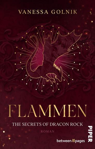 Das Buchcover zeigt einen dunkelroten Hintergrund, der eine mystische Atmosphäre vermittelt. In der Mitte ist eine goldene Silhouette eines Drachen zu sehen, die von strahlenden Linien und funkelnden Punkten umgeben ist. Der Titel „FLAMMEN“ ist in großen, goldenen Buchstaben prominent platziert, während der Zusatz „THE SECRETS OF DRACON ROCK“ in kleineren, eleganten Schriftzügen darunter steht. Der Name der Autorin, Vanessa Golnik, befindet sich oben auf dem Cover, ebenfalls in goldener Schrift.