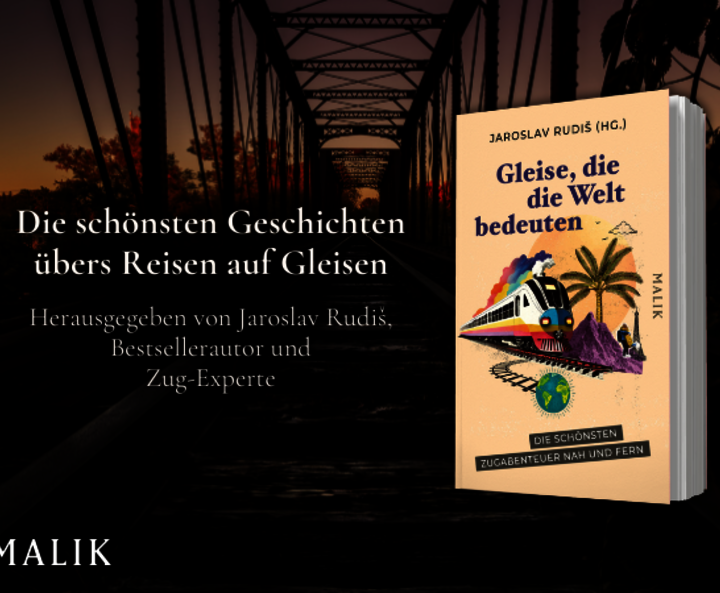 Buchcover mit Gleisen im Hintergrund und Headline