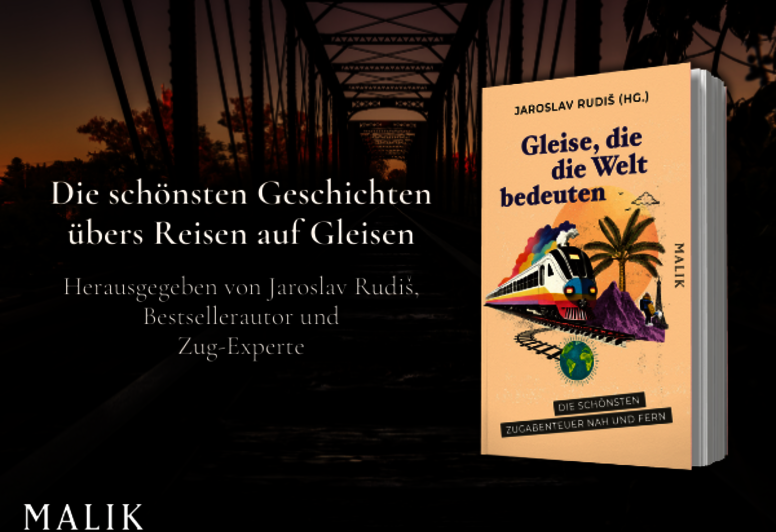 Buchcover mit Gleisen im Hintergrund und Headline