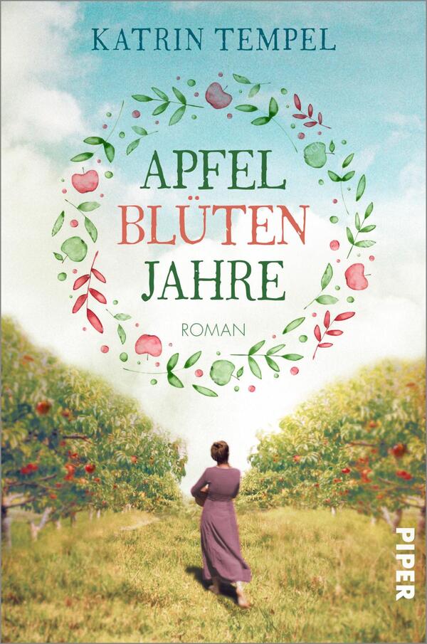 Das Buchcover zeigt eine Frau in einem langen, lila Kleid, die auf einem Weg durch eine blühende Apfelplantage geht. Im Hintergrund sind Apfelbäume mit roten Früchten und blühenden Ästen zu sehen. Über der Figur schwebt ein kranzförmiges Design aus grünen Blättern und rosafarbenen sowie roten Apfelmotiven. Der Titel „APFEL BLÜTEN JAHRE“ ist in großen, bunten Buchstaben gestaltet, während darunter das Wort „Roman“ in kleinerer Schrift erscheint. Der Verlag „PIPER“ ist in der rechten unteren Ecke abgebildet.