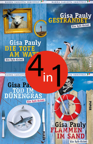 Das Buchcover zeigt vier nebeneinander angeordnete Mini-Cover einer Krimi-Sammlung von Gisa Pauly: links oben ein rahmendes Schaf und Leuchtturm für „Die Tote am Watt“, rechts oben Beine im Gras vor blauem Himmel für „Gestrandet“, links unten ein Teller mit Haifisch und Besteck für „Tod im Dünengras“, rechts unten ein Rettungsring und Piratenflagge für „Flammen im Sand“. Eine große rote Kreis‑Plakette trägt den Text „4 in 1“. Maritime Atmosphäre; dominante Farben Blau, Rot, Gelb; Titel in fetter, serifenloser Typografie.