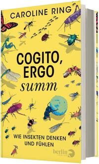 Das Buchcover zeigt ein leuchtend gelbes Layout mit zahlreichen farbigen Insektenillustrationen (Käfer, Biene, Schmetterling, Heuschrecke, Ameise u. a.) über die Fläche verteilt. Oben steht der Autorname „Caroline Ring“ in schwarzer Großschrift, zentral der Titel „COGITO, ERGO summ“ in großer schwarzer Typografie, unten der Untertitel „WIE INSEKTEN DENKEN UND FÜHLEN“ in kleinerer Versalschrift. Stimmung: lebhaft, neugierig, naturwissenschaftlich.