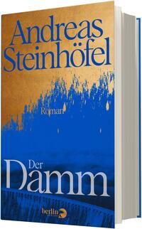 Das Buchcover zeigt den Namen „Andreas Steinhöfel“ groß oben in einer blauen Serifenschrift vor einem goldenen Hintergrund; darunter eine kräftige kobaltblaue Fläche mit unregelmäßigem, pinselartigem Übergang, der an aufgewühltes Wasser oder eine Dammkante erinnert. In der unteren Bildhälfte steht der Titel „Der Damm“ in großer heller Serifenschrift. Die Typografie wirkt klassisch, die Stimmung ist dramatisch und reduziert.