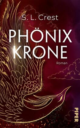 Phönixkrone Das Buchcover zeigt einen majestätischen Phönix, der in glänzenden Goldlinien gezeichnet ist, vor einem tiefrot-violetten Hintergrund. Der Titel „PHÖNIX KRONE“ ist groß und in Weiß gehalten, während der Autorenname „S. L. Crest“ elegant oben platziert ist. Unter dem Titel steht das Wort „Roman“ in kleineren Buchstaben. Die Bildkomposition erzeugt eine mystische, kraftvolle Atmosphäre, die die Fantasie anregt.