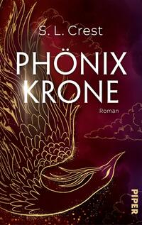 Das Buchcover zeigt einen majestätischen Phönix, der in glänzenden Goldlinien gezeichnet ist, vor einem tiefrot-violetten Hintergrund. Der Titel „PHÖNIX KRONE“ ist groß und in Weiß gehalten, während der Autorenname „S. L. Crest“ elegant oben platziert ist. Unter dem Titel steht das Wort „Roman“ in kleineren Buchstaben. Die Bildkomposition erzeugt eine mystische, kraftvolle Atmosphäre, die die Fantasie anregt.