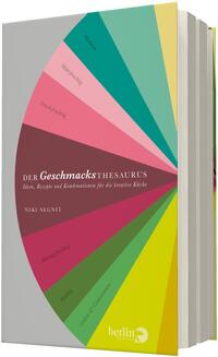 Das Buchcover zeigt einen halbkreisförmigen Fächer aus farbigen Keilsegmenten (gelb, hellgrün, grün, türkis, rosa, rot, bordeaux) vor hellgrauem Hintergrund, der von einem gemeinsamen Punkt rechts ausgeht. In der linken Mitte der Titel „Der Geschmacksthesaurus“ in weißer Schrift, darunter die Unterzeile „Ideen, Rezepte und Kombinationen für die kreative Küche“ und der Autorenname Nike Segnit. Kleine schwarze Beschriftungen kennzeichnen die Segmente, die Atmosphäre wirkt klar und grafisch.
