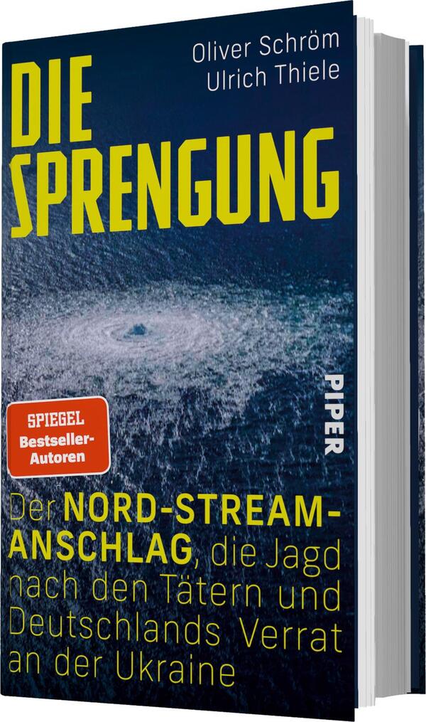 Das Buchcover zeigt einen künstlerisch gestalteten, dunklen Hintergrund, der einen Kreis aus Wasserwirbel darstellt. Der Titel „DIE SPRENGUNG“ ist in großen, leuchtend gelben Buchstaben oben platziert. Darunter steht in kleineren, weißen Buchstaben: „Der NORD-STREAM-ANSCHLAG, die Jagd nach den Tätern und Deutschlands Verrat an der Ukraine“. Am oberen linken Rand befindet sich ein rotes Feld mit dem Hinweis „SPIEGEL Bestseller-Autoren“. Die Schrift vermittelt eine spannende und dramatische Atmosphäre.