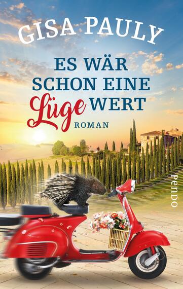 Das Buchcover zeigt eine charmante, rote Vespa, die auf einem malerischen Landweg steht. Im Hintergrund erstrecken sich sanfte Hügel mit Zypressen und einem idyllischen Gebäude unter einem warmen Himmel. Ein schüchtern wirkender Igel sitzt auf der Vespa, was eine humorvolle Note hinzufügt. Der Titel „Es wär schon eine Lüge wert“ ist in auffälligem, rotem Schriftzug platziert, während der Autorennamen Gisa Pauly in einer eleganten Schrift darüber steht. Der Gesamteindruck vermittelt eine einladende, heitere Atmosphäre.