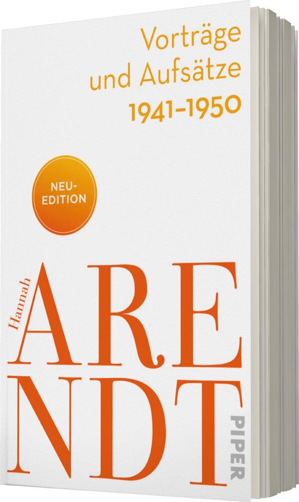 Das Buchcover zeigt einen weißen Hintergrund, auf dem der Titel in großer, orangefarbener Schrift platziert ist: „Hannah ARENDT“. Darüber befindet sich der Untertitel „Vorträge und Aufsätze 1941-1950“ in kleinerer, orangefarbener Schrift. Ein runder, oranger Button mit dem Text „NEU-EDITION“ ist prominent positioniert. Die Schriftart ist modern und klar, was eine sachliche und ansprechende Atmosphäre schafft.