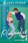 Das Buchcover zeigt eine lebendige Illustration von zwei Personen, die sich auf einem Footballfeld befinden. Eine blonde Frau mit lockigem Haar hält einen Football und trägt ein rosa Oberteil sowie eine blaue Hose. Der männliche Protagonist lehnt an einer blauen Torpfosten, bekleidet mit einer blauen Jacke und einem weißen T-Shirt. Der Titel „Playmakers“ ist in geschwungener Schrift in Weiß am unteren Rand zu sehen. Die Atmosphäre wirkt jugendlich und dynamisch, passend zum Thema des Sports. Oben steht der Name der Autorin Deanna Faison in größerer Schrift.