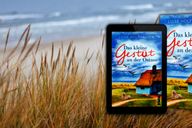 Luise Holthausens „Das kleine Gestüt an der Nordsee“ als Buch und ebook vor Strandkulisse