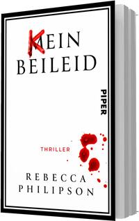 Das Buchcover zeigt einen weißen Hintergrund mit feinem doppeltem schwarzen Rahmen. Zentral die großflächige Serifenschrift in Schwarz mit dem Titel „KEIN BEILEID“, wobei das K handschriftlich in Rot übermalt ist. Rechts rote Spritzer und Blutflecken, darunter in kleiner roter Groteskschrift die Genrebezeichnung „THRILLER“. Unten der Autorenname Rebecca Philipson in schwarzen Kapitälchen. Wirkung: minimalistisch, beklemmend, spannungsgeladen.