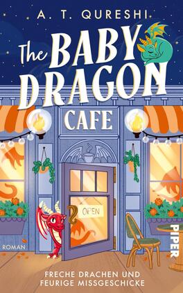 Das Buchcover zeigt ein lebhaft illustriertes Café mit dem Titel „The Baby Dragon Cafe“. Die Fassade des Cafés ist in sanften Blau- und Beigetönen gehalten, während zwei Fenster orange-gestreifte Markisen zieren. Vor der Eingangstür hängt ein „OPEN“-Schild. Neben der Tür steht ein kleiner roter Drache, der freundlich lächelt. Am oberen Rand steht der Name des Autors „A. T. Qureshi“. Die Atmosphäre ist verspielt und einladend, ideal für ein fantasievolles Kinderbuch.