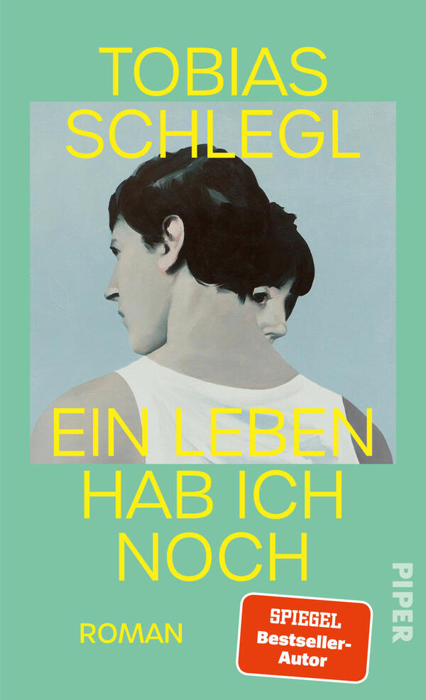 Das Buchcover zeigt auf mintgrünem Grund ein zentrales quadratisches Gemälde zweier rückwärtig verbundener Frauenköpfe in blassem Hautton und dunklem Haar, die in entgegengesetzte Richtungen blicken. Oben großer gelber Schriftzug „TOBIAS SCHLEGL“, mittig der Titel in gelber Großschrift „EIN LEBEN HAB ICH NOCH“. Unten links klein „ROMAN“. Ein rotes Badge mit weißer Aufschrift „SPIEGEL Bestseller-Autor“ ist rechts unten sichtbar.