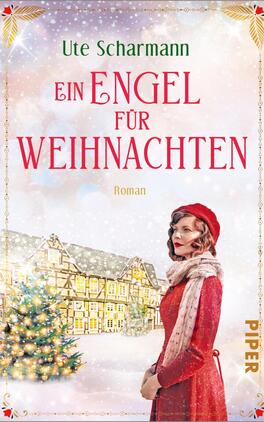 Das Buchcover zeigt eine winterliche Szenerie mit einem festlich geschmückten Baum im Vordergrund. In der Mitte steht eine Frau mit roten Lippen, die ein rotes Kleid und einen grauen Schal trägt. Ihr Blick ist nachdenklich und romantisch. Im Hintergrund sind schneebedeckte Gebäude und ein Himmel mit Schneeflocken sichtbar. Der Titel „Ein Engel für Weihnachten“ ist in großen, roten Buchstaben oben platziert, während der Autor Ute Scharmann darunter steht. Am unteren Rand befindet sich das Wort „Roman“ in kleinerer Schrift.