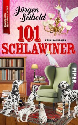 101 Schlawiner Das Buchcover zeigt ein humorvolles, buntes Arrangement mit verschiedenen Dalmatinern, die um einen gemütlichen Sessel stehen. Im Hintergrund sieht man einen Bücherregal voller Bücher und eine Stehlampe, während über dem Sessel eine elegante Deckenlampe hängt. Der Titel „101 SCHLAWINER“ ist prominent in großen roten Buchstaben dargestellt, darunter der Schriftzug „Kriminalroman“. Der Autor Jürgen Seibold ist oben auf dem Cover genannt. Der Gesamteindruck vermittelt eine entspannte und unterhaltsame Atmosphäre.