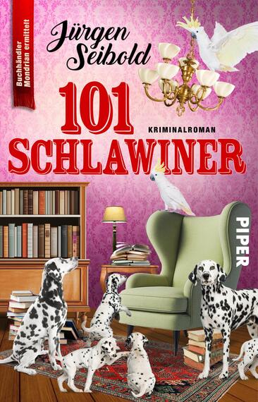 Das Buchcover zeigt ein humorvolles, buntes Arrangement mit verschiedenen Dalmatinern, die um einen gemütlichen Sessel stehen. Im Hintergrund sieht man einen Bücherregal voller Bücher und eine Stehlampe, während über dem Sessel eine elegante Deckenlampe hängt. Der Titel „101 SCHLAWINER“ ist prominent in großen roten Buchstaben dargestellt, darunter der Schriftzug „Kriminalroman“. Der Autor Jürgen Seibold ist oben auf dem Cover genannt. Der Gesamteindruck vermittelt eine entspannte und unterhaltsame Atmosphäre.