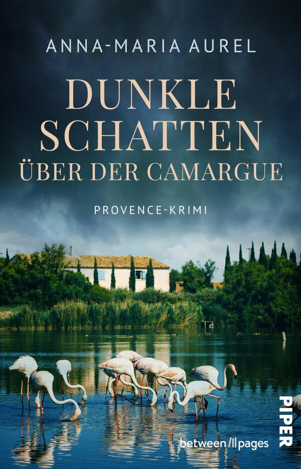 Das Buchcover zeigt eine malerische Landschaft der Camargue mit einem ruhigen Gewässer, in dem mehrere Flamingos stehen. Im Hintergrund sind grüne Ufervegetation und ein helles, historisches Gebäude zu erkennen. Der Titel „DUNKLE SCHATTEN ÜBER DER CAMARGUE“ ist prominent in großen, goldenen Buchstaben platziert, während der Untertitel „PROVENCE-KRIMI“ in kleineren, helleren Schriftzüge am unteren Rand steht. Die Farbpalette besteht aus sanften Blau- und Grüntönen, die eine geheimnisvolle Atmosphäre schaffen.