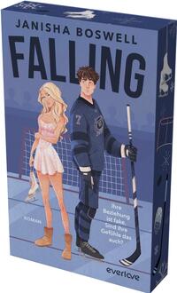 Das Buchcover zeigt den Titel „FALLING“ in großen dunklen Versalien, darüber der Autorname Janisha Boswell in kleinerer Versaltypografie. Im Vordergrund eine blonde Frau im rosa Eiskunstlaufkleid und Stiefeln neben einem jungen Eishockeyspieler im dunkelblauen Trikot mit Stock vor einem Hockeytor. Hintergrund in Blau‑ und Violetttönen mit Publikumssilhouetten. Aufdruck in Weiß: „Ihre Beziehung ist fake. Sind ihre Gefühle das auch?“ Sachlich-romantische, zwiespältige Stimmung; als Roman bezeichnet.