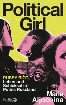 Das Buchcover zeigt ein Porträt von Maria Aljochina in Schwarz-Weiß. Ihr ausdrucksvollern Gesichtsausdruck vermittelt eine kraftvolle und ernste Atmosphäre. Der Titel „Political Girl“ sowie der Zusatz „Pussy Riot“ sind in einer modernen Schriftart in einer auffälligen Farbe gehalten. Rechts oben ist ein pinker, runder Button mit dem Text „VORLÄUFIGES COVER“ platziert. Der Untertitel „Leben und Schicksal in Putins Russland“ steht in schlichter, schwarzer Schrift unter dem Titel.