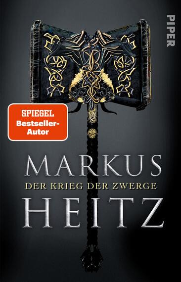 Das Buchcover zeigt einen beeindruckenden, dunklen Streitkolben mit kunstvollen goldenen Verzierungen. Der Hintergrund ist schwarz und verstärkt die dramatische Ausstrahlung des Covermotivs. In der Mitte sind der Titel „DER KRIEG DER ZWERGE“ und der Autor „MARKUS HEITZ“ in großen, weißen Buchstaben platziert, die modern und kraftvoll wirken. Oben links befindet sich ein orangefarbener Sticker mit der Aufschrift „SPIEGEL Bestseller-Autor“. Die Gesamtatmosphäre vermittelt ein Gefühl von Abenteuer und Fantasie.