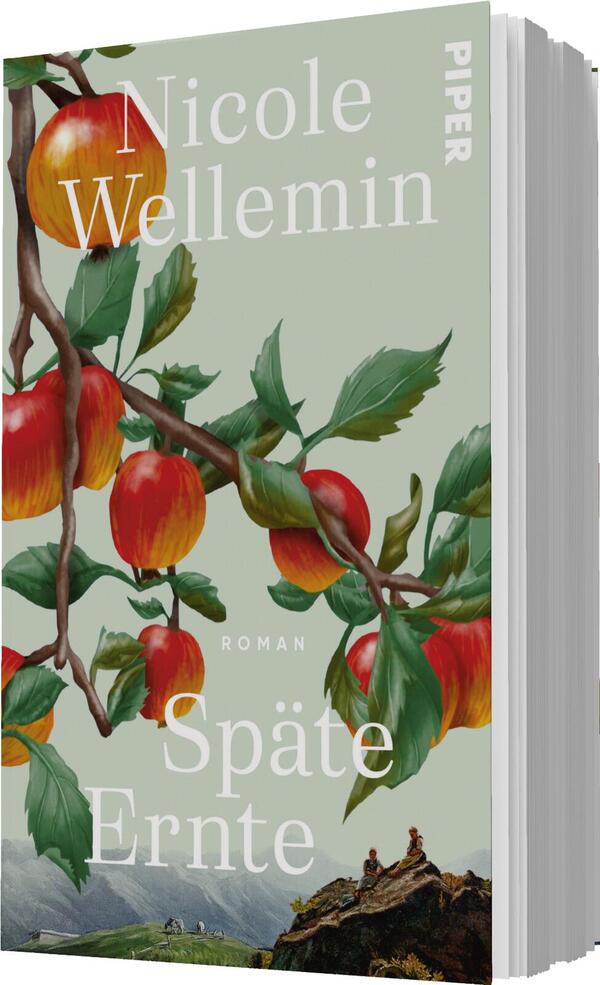 Das Buchcover zeigt einen hellgrünen Hintergrund, auf dem ein kunstvoller Apfelbaum mit leuchtend roten und gelben Äpfeln dargestellt ist. Im Vordergrund befinden sich die Titelzeilen „Späte Ernte“ und „Roman“ in einer eleganten, weißen Schrift. Darüber steht der Name der Autorin „Nicole Wellemin“, ebenfalls in Weiß, jedoch mit größerer Schriftgröße. Die Atmosphäre wirkt einladend und natürlich, unterstrichen durch die sanften Farben und das harmonische Gesamtbild.