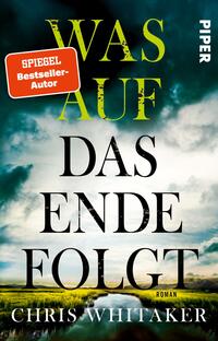 Das Buchcover zeigt einen dramatischen Himmel in Grautönen mit grünen Akzenten, der eine mystische Atmosphäre erzeugt. Oben ist der Titel „WAS AUF DAS ENDE FOLGT“ in großen, auffälligen, gelben Buchstaben platziert. Darunter steht der Name des Autors „CHRIS WHITAKER“ in einer schlichten, schwarzen Schrift. Ein rotes Label in der oberen linken Ecke informiert über den Status als „SPIEGEL Bestseller-Autor“. Das Cover vermittelt Spannung und Neugier.
