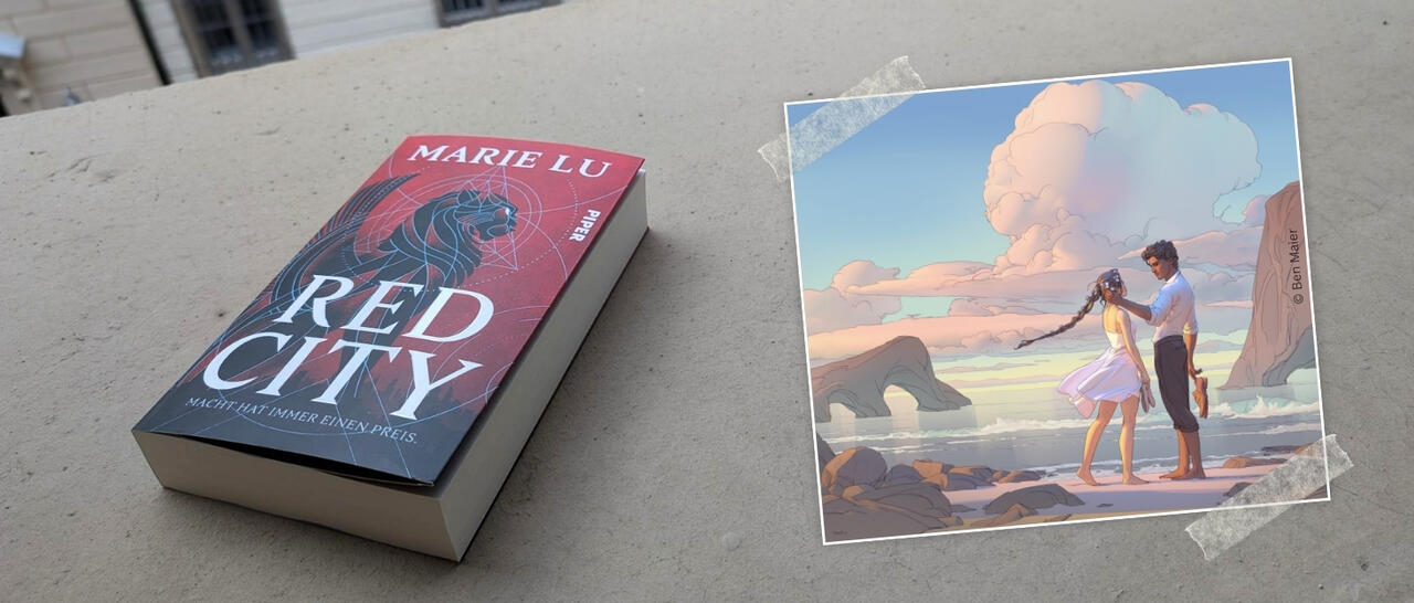 Links liegt „Red City“ von Marie Lu auf einer Betonfläche. Rechts daneben zeigt eine Illustration die beiden Hauptfiguren aus dem Buch.