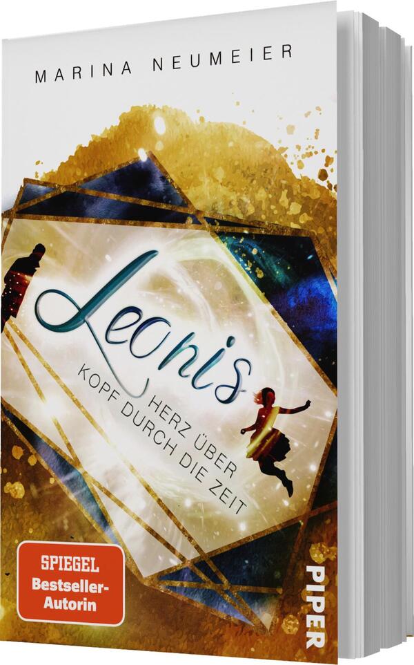 Das Buchcover zeigt einen dynamischen Hintergrund in schimmernden Gold- und Blautönen. Im Zentrum steht der Titel „Leonis“ in eleganter, geschwungener Schrift. Darunter befindet sich der Untertitel „HERZ ÜBER KOPF DURCH DIE ZEIT“ in klarer, moderner Schrift. Auf dem Cover sind silhouettenhafte Figuren, die Bewegung symbolisieren. Der Name der Autorin, Marina Neumeier, ist prominent am oberen Rand platziert. Das Cover strahlt eine lebendige und fantasievolle Atmosphäre aus.