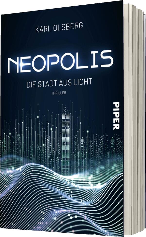 Das Buchcover zeigt einen dunklen Hintergrund, der mit subtilen Lichtlinien und grafischen Elementen versehen ist, die digitale Strukturen und eine futuristische Stadtlandschaft darstellen. Der Titel „NEOPOLIS“ ist in großen, leuchtenden Buchstaben in der Mitte platziert, darüber steht der Autor „KARL OLSBERG“. Unterhalb des Titels steht der Untertitel „DIE STADT AUS LICHT“ und das Wort „THRILLER“. Die Atmosphäre vermittelt ein Gefühl von Spannung und Moderner Technologien. Rechts unten ist der Verlagsname „PIPER“ sichtbar.