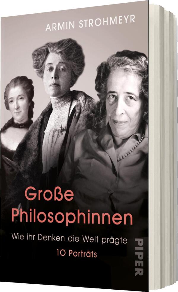 Das Buchcover zeigt drei historische Porträts von Frauen, die bedeutende Philosophinnen waren. Die zentralen Farben sind sanfte Erdtöne und Schwarz-Weiß, die eine ernste und nachdenkliche Atmosphäre schaffen. Der Titel „Große Philosophinnen“ steht in fetter roter Schrift, während der Untertitel „Wie ihr Denken die Welt prägte“ in schlichterer Schrift darunter angeordnet ist. Der Autorname Armin Strohmeyer ist prominent platziert. Das Cover vermittelt Respekt und Reverenz gegenüber den abgebildeten Denkerinnen.