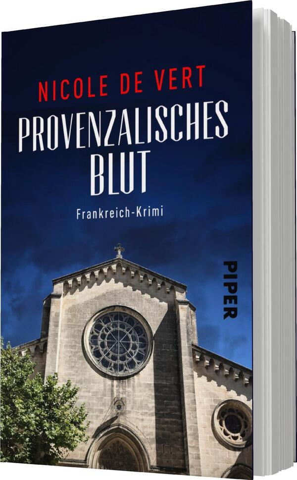 Das Buchcover zeigt eine dramatische Darstellung eines historischen Kirchengebäudes unter einem tiefblauen Himmel. Der Titel „Provenzalisches Blut“ ist in auffälligen, weißen Buchstaben geschrieben und wird von dem Namen der Autorin „Nicole de Vert“ in roter Schrift ergänzt. Am unteren Rand steht „Frankreich-Krimi“ in kleineren, grauen Buchstaben. Die Verwendung von Farben und die ominöse Atmosphäre des Covers vermitteln Spannung und Neugier.
