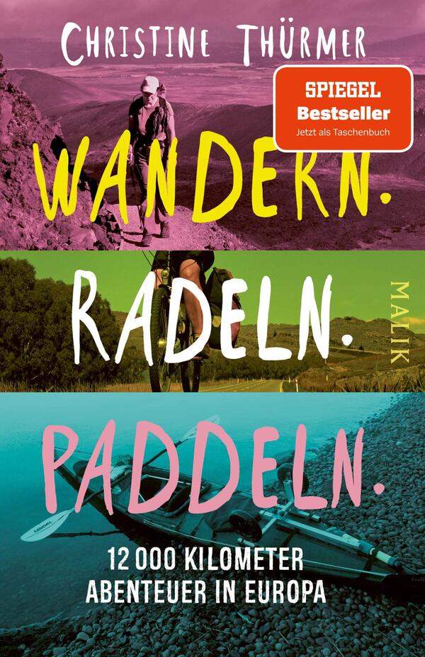 Das Buchcover zeigt eine dreigeteilte Gestaltung mit verschiedenen Landschaftsaufnahmen. Die obere Sektion präsentiert einen Wanderer vor einer lila-rosa Färbung mit dem Titel „WANDERN.“ in großem, gelben Schriftzug. In der mittleren Sektion ist ein Radfahrer auf grünem Hintergrund zu sehen, begleitet vom Schriftzug „RADEN.“ in weißer Schrift. Die untere Sektion zeigt ein Kanu auf türkisfarbenem Wasser mit dem Titel „PADDLELN.“ ebenfalls in pinker Schrift. Darunter steht in kleinerer Schrift „12.000 Kilometer Abenteuer in Europa“. Oben rechts ist ein rotes Banner mit der Aufschrift „SPIEGEL Bestseller“.