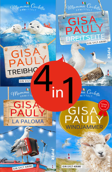 Das Buchcover zeigt eine Collage aus vier hellblauen Sylt-Krimi-Titeln, überlagert von einem roten Kreis mit schwarzer Schrift „4 in 1“. Auf jedem Motiv steht prominent die Autorin Gisa Pauly in großen Großbuchstaben; die einzelnen Buchtitel heißen „Treibhof“, „Breitseite“, „La Paloma“ und „Windjammer“. Marinistische Elemente wie Seevögel, Seehunde, ein Lamm, Leuchtturm, Akkordeon, Holzschilder, Tau und Meereswellen vermitteln eine heiter-leicht maritime Atmosphäre.