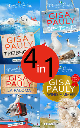 Das Buchcover zeigt eine Collage aus vier hellblauen Sylt-Krimi-Titeln, überlagert von einem roten Kreis mit schwarzer Schrift „4 in 1“. Auf jedem Motiv steht prominent die Autorin Gisa Pauly in großen Großbuchstaben; die einzelnen Buchtitel heißen „Treibhof“, „Breitseite“, „La Paloma“ und „Windjammer“. Marinistische Elemente wie Seevögel, Seehunde, ein Lamm, Leuchtturm, Akkordeon, Holzschilder, Tau und Meereswellen vermitteln eine heiter-leicht maritime Atmosphäre.