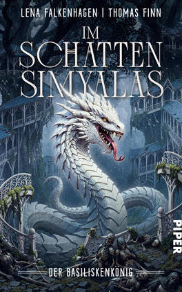 Der Basiliskenkönig Das Buchcover zeigt einen großen, weiß schuppigen, basiliskenartigen Schlangenkörper, der sich inmitten verwitterter, gotisch-ornamentaler Brücken und Ruinen windet. Die Schlange blickt mit gelb-orangefarbener Augen, aufgerissenem Maul und roter Zunge. Farbgebung kühl-blau und grau mit kontrastreichem Weiß. Oben stehen die Autorenangaben „Lena Falkenhagen | Thomas Finn“, mittig groß der Titel „Im Schatten Simyalas“ in serifenbetonter Majuskeltypografie, unten klein „Der Basiliskenkönig“. Atmosphäre düster und bedrohlich.