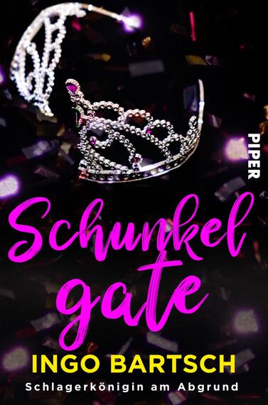 Das Buchcover zeigt eine funkelnde Krone, die schimmernd auf einem dunklen, glitzernden Hintergrund platziert ist. Der Titel „Schunkelgate“ ist in leuchtendem Pink und einer dynamischen Schriftart prominent dargestellt. Darunter steht der Autorennamen „Ingo Bartsch“ in einer schlichteren Typografie. Der Untertitel „Schlagerkönigin am Abgrund“ ergänzt das Cover, ebenfalls in auffälliger Schrift. Die Gesamtatmosphäre vermittelt Glamour und Spannung.