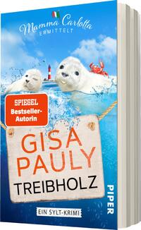 Das Buchcover zeigt eine lebendige, maritime Szene mit zwei niedlichen Robben, die im Wasser schwimmen. Der Himmel ist hellblau mit vereinzelten weißen Wolken. In der oberen Hälfte befindet sich der Schriftzug „Mamma Carlotta ermittelt“ in eleganten, geschwungenen Buchstaben. Im Zentrum steht der Titel „Treibholz“ in auffälligem, orangem Großbuchstaben, gefolgt vom Autorennamen „Gisa Pauly“ in kleinerer Schrift. Ein rotes Etikett mit dem Text „SPIEGEL Bestseller-Autorin“ hebt sich vom Hintergrund ab. Die Unterzeile „Ein Sylt-Krimi“ ist in kleinerer, blauer Schrift zu sehen.