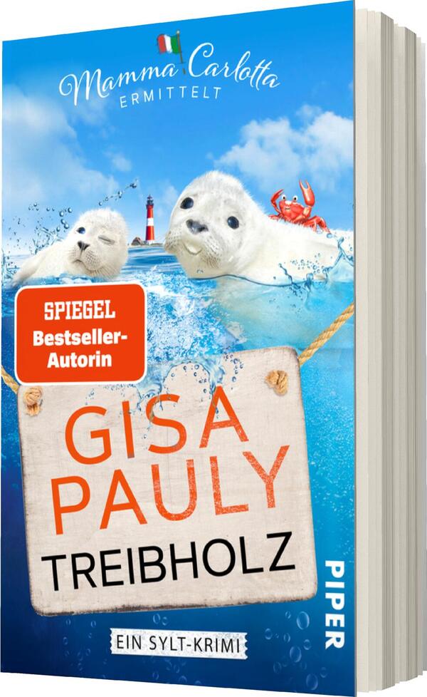 Das Buchcover zeigt eine lebendige, maritime Szene mit zwei niedlichen Robben, die im Wasser schwimmen. Der Himmel ist hellblau mit vereinzelten weißen Wolken. In der oberen Hälfte befindet sich der Schriftzug „Mamma Carlotta ermittelt“ in eleganten, geschwungenen Buchstaben. Im Zentrum steht der Titel „Treibholz“ in auffälligem, orangem Großbuchstaben, gefolgt vom Autorennamen „Gisa Pauly“ in kleinerer Schrift. Ein rotes Etikett mit dem Text „SPIEGEL Bestseller-Autorin“ hebt sich vom Hintergrund ab. Die Unterzeile „Ein Sylt-Krimi“ ist in kleinerer, blauer Schrift zu sehen.