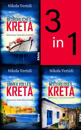 Bundle: Griechenland-Krimis Band 4-6 Das Buchcover zeigt drei Buchcover von Nikola Vertidi in einem 3-in-1 Layout. Die Oberseite präsentiert „Bedrohliches Kreta“ mit einem Boot auf einem blauen Wasserhintergrund. Darunter befinden sich „Unheilvolles Kreta“ und „Mitteldiloses Kreta“, beide mit ähnlichem Farbverlauf und typografischem Stil. Die Titel sind klar in großen, weißen Buchstaben gehalten, und die Atmosphäre vermittelt Spannung und Kriminalität. Die Hintergrundfarben sind variierend hellblau und cream, was die Küstenlandschaft von Kreta widerspiegelt.