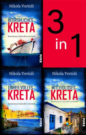 Das Buchcover zeigt drei Buchcover von Nikola Vertidi in einem 3-in-1 Layout. Die Oberseite präsentiert „Bedrohliches Kreta“ mit einem Boot auf einem blauen Wasserhintergrund. Darunter befinden sich „Unheilvolles Kreta“ und „Mitteldiloses Kreta“, beide mit ähnlichem Farbverlauf und typografischem Stil. Die Titel sind klar in großen, weißen Buchstaben gehalten, und die Atmosphäre vermittelt Spannung und Kriminalität. Die Hintergrundfarben sind variierend hellblau und cream, was die Küstenlandschaft von Kreta widerspiegelt.