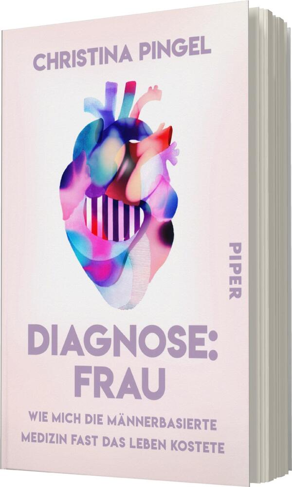 Das Buchcover zeigt ein stilisiertes, farbenfrohes Herz, das in kräftigen Blau-, Rot-, Gelb- und Pinktönen gestaltet ist. Das Herz ist teilweise transparent und hat vertikale Streifen im Inneren, was eine symbolische Bedeutung vermittelt. Oberhalb des Herzens steht der Titel „DIAGNOSE: FRAU“ in großen, moderner Schrift. Darunter befindet sich der Untertitel „WIE MICH DIE MÄNNERBASIERTE MEDIZIN FAST DAS LEBEN KOSTETE“ in kleinerer Schrift. Der Autorenname „CHRISTINA PINGEL“ ist am oberen Rand des Covers platziert. Der Hintergrund ist hell und wirkt einladend.