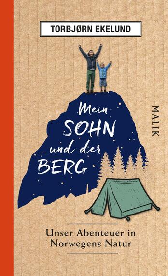 Das Buchcover zeigt eine grüne Berglandschaft mit zwei Figuren, einem Erwachsenen und einem Kind, die glücklich auf einem Felsen stehen. Der Titel „Mein SOHN und der BERG“ ist in dynamischer, weißer Schrift zentral platziert. Unter dem Titel steht der Untertitel „Unser Abenteuer in Norwegens Natur“ in kleinerer, grauer Schrift. Die Farbpalette umfasst erdige Töne mit einem orangefarbenen Streifen am linken Rand. Ein stilisiertes Zelt ist am unteren Rand des Covers abgebildet, was das Camping-Thema unterstreicht. Der Name des Autors, Torbjørn Ekelund, ist oben in einem schlichten, grauen Kästchen platziert.
