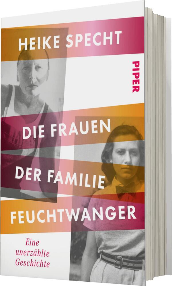 Das Buchcover zeigt eine Kombination aus historischen Fotografien von drei Frauen, die in unterschiedlichen Farben hinterlegt sind. Der Titel „Die Frauen der Familie Feuchtwanger“ steht in großen, weißen Buchstaben auf einem orangefarbenen Hintergrund, während der Autorinnenname „Heike Specht“ in leuchtendem Pink oberhalb des Titels platziert ist. Die Farben verleihen dem Cover eine moderne, ansprechende Atmosphäre, die die Bedeutung der dargestellten Frauen und ihre Geschichten unterstreicht. Am oberen Rand ist das Verlagslogo „Piper“ klein und unauffällig platziert.