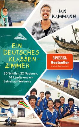 Ein deutsches Klassenzimmer Das Buchcover zeigt ein collageartiges Design in hellen Farben. Im Mittelpunkt steht der Titel „Ein deutsches Klassenzimmer“ in großer, kreativer Schrift auf grünem Hintergrund. Darüber sind Bilder von Schülern und einem Lehrer in verschiedenen Umgebungen, darunter eine Küstenlandschaft und eine Schulgruppe, zu sehen. Ein orangefarbener Kasten markiert den Hinweis „SPIEGEL Bestseller“ und den Zusatz „Jetzt als Taschenbuch“. Der Autorenname „Jan Kammann“ ist prominent platziert.