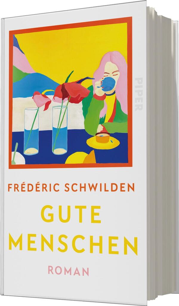 Das Buchcover zeigt eine farbenfrohe Illustration, die eine Frau mit pinken Haaren zeigt, die aus einer Tasse trinkt. Sie sitzt an einem Tisch, auf dem zwei Gläser mit Blumen und ein kleiner Teller mit einem Gebäck zu sehen sind. Im Hintergrund sind stilisierte Landschaftselemente in Blau- und Grüntönen abgebildet. Der Titel „GUTE MENSCHEN“ ist in leuchtendem Orange und prominent platziert, während der Autorennamen „FRÉDÉRIC SCHWILDEN“ darüber in einer klaren, schwarzen Schrift erscheint. Das Cover vermittelt eine freundliche und einladende Atmosphäre.
