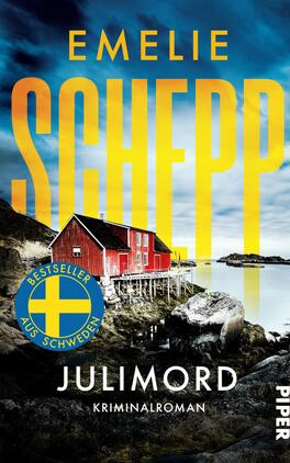 Julimord Das Buchcover zeigt eine dramatische Landschaft mit einer roten Holzhütte, die auf Stelzen am Wasser steht. Die Felsen im Vordergrund sind dunkel und grau, während im Hintergrund eine dramatische Wolkenformation zu erkennen ist. Der Titel „SCHEPP“ ist in großen, gelben Buchstaben platziert, darüber steht „Emelie“ in kleinerer Schrift. Unten auf dem Cover steht der Titel „Julimord“ in weißer Schrift, gefolgt von „Kriminalroman“. Ein blauer Abzeichen mit gelber Schrift kennzeichnet das Cover als „Bestseller aus Schweden“.