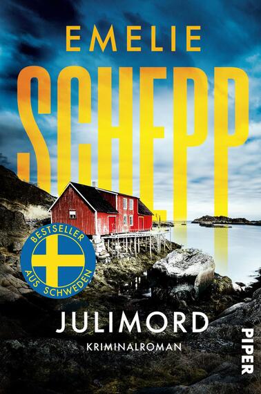 Das Buchcover zeigt eine dramatische Landschaft mit einer roten Holzhütte, die auf Stelzen am Wasser steht. Die Felsen im Vordergrund sind dunkel und grau, während im Hintergrund eine dramatische Wolkenformation zu erkennen ist. Der Titel „SCHEPP“ ist in großen, gelben Buchstaben platziert, darüber steht „Emelie“ in kleinerer Schrift. Unten auf dem Cover steht der Titel „Julimord“ in weißer Schrift, gefolgt von „Kriminalroman“. Ein blauer Abzeichen mit gelber Schrift kennzeichnet das Cover als „Bestseller aus Schweden“.